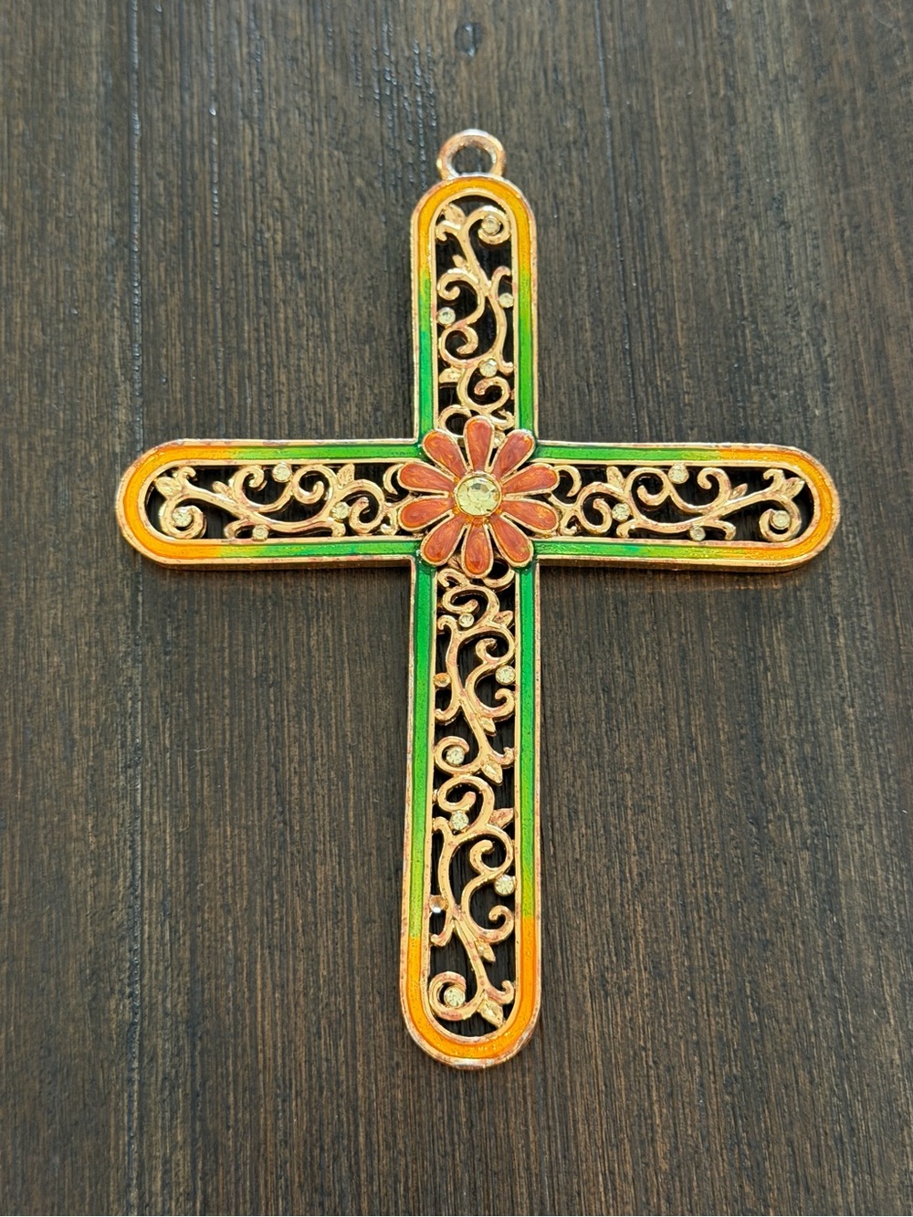 Vintage Chinoiserie Gold Tone Enamel Filigree Cross Wall Hanging Ornament